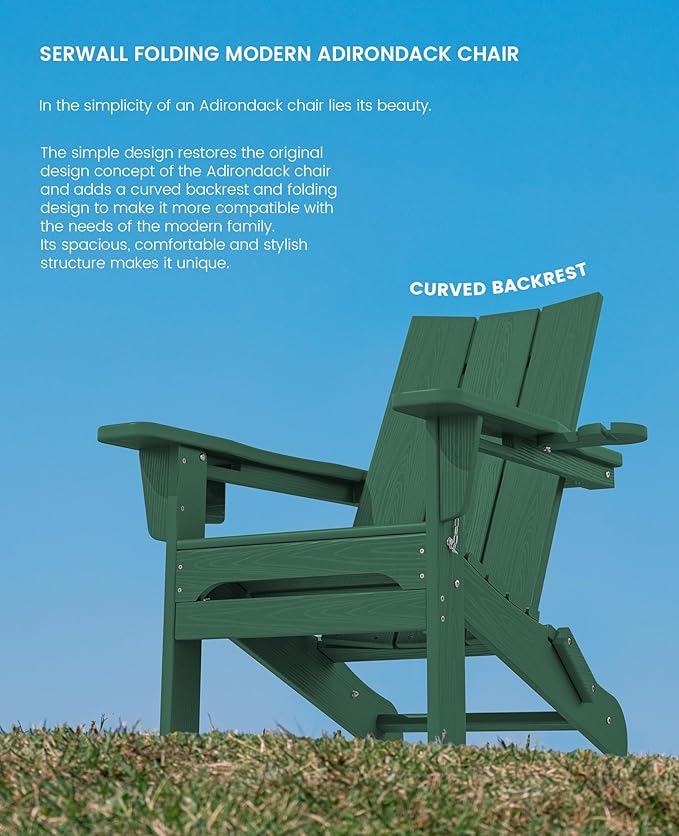 SERWALL Modern Adirondack Chair, Folding Adirondack Chair with Dual Cup Holders, Outdoor HDPE Fire Pit Chair for All Weather Use, Green