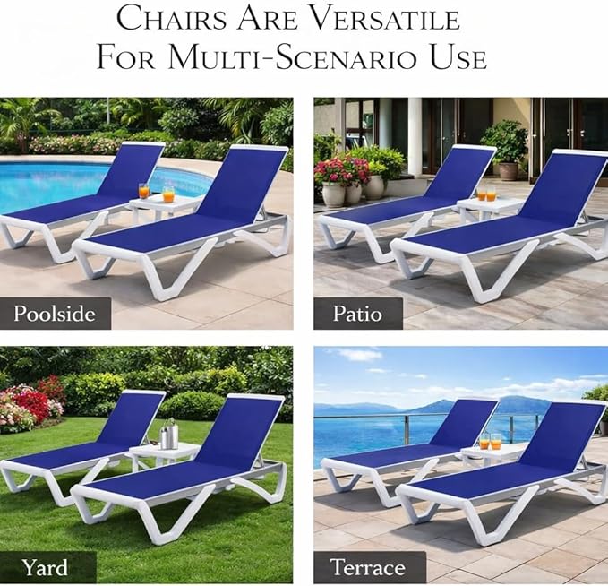 Kozyard Outdoor Chaise Lounge Chair, Full Flat Adjustable Patio Lounger with Aluminum Frame & Resin Legs, Textilene Fabric for Poolside, Backyard & Beach (NavyBlue)