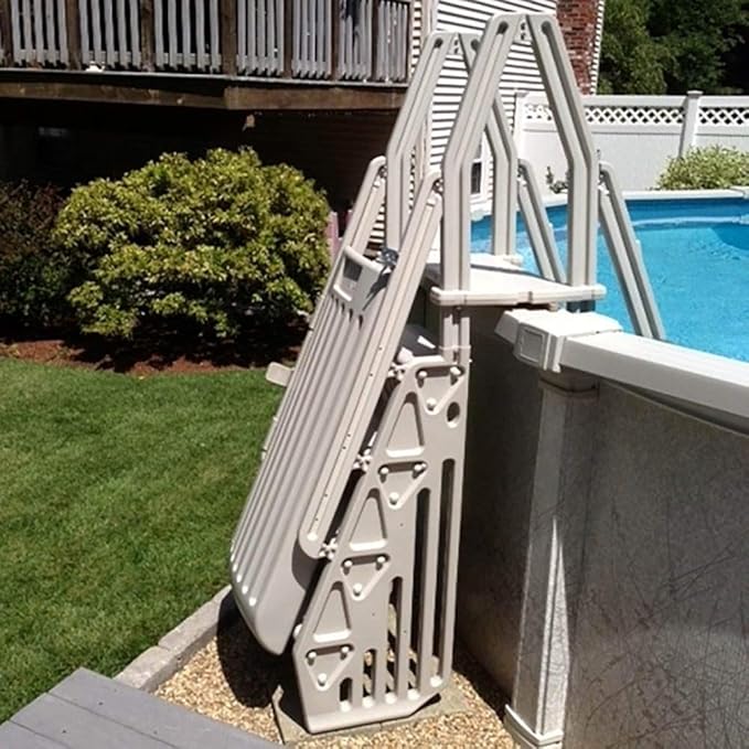 Vinyl Works 24 Inch Double Pool Step Ladder with Gate, Adjustable Stair Entry System with Handrails for Above Ground Swimming Pools, Taupe