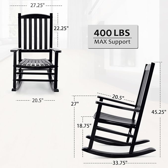 Wooden Rocking Chair Outdoor Oversized Porch Rocker Chair,Patio Wooden Rocker with High Back and Armrest,All Weather Rocker Slatted for Backyard,Garden,400 lbs Support,Black