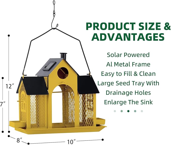Solar Bird Feeder House for Outside Hanging, Large Capacity Birdhouse Bird Feeders Hanging for Outdoors, Metal Mesh Wild Birdfeeder for Finch Cardinal (Yellow and Black)