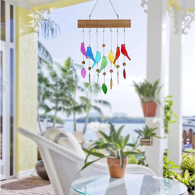 Handwork Crystal Glass & Driftwood Chimes, Sandblasted Glass and Wood Handcrafted Wind Chimes, Birds Wind Chimes for Home, Yard, Patio, Garden Decoration, Gift for Mom, Gifts for Bird Lovers