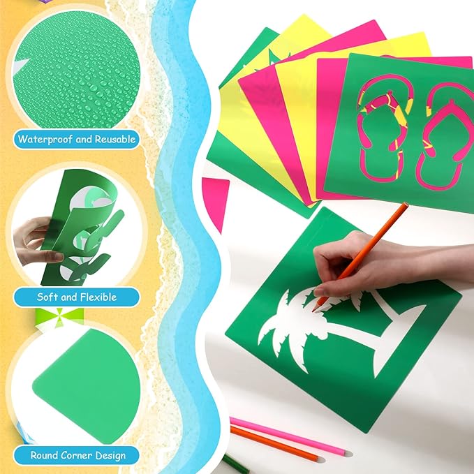 24 Pieces Summer Stencils for Kids 8 Inches Drawing Chalk Stencils Large Washable Aloha Themed Primary Shape Template for Kids Toddlers Preschooler