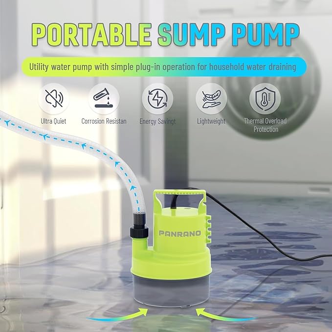 1/2 HP Submersible Water Pump 2900 GPH Portable Small Sump Pump For Pool Cover, Basements, Puddles, Gardens Ponds With 16.4 Ft Power Cord and Hose Adapters, Light Yellow