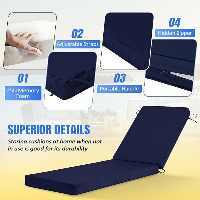 Basic Beyond Chaise Lounge Cushions Outdoor, 3-Layer Waterproof Outdoor Furniture Cushions with Removable Cover and 4 Ties, 72"x21"x3" Patio Lounge Chair Cushions for Outdoor Furniture, Navy