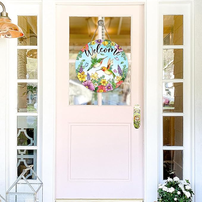 Welcome Spring Summer Hummingbird Front Door Sign, Daffodil Morning Glory Flower Wood Door Hanger Outdoor Outside Porch Decor, Hyacinth Floral Wooden Wreath Indoor Wall Hanging Decoration