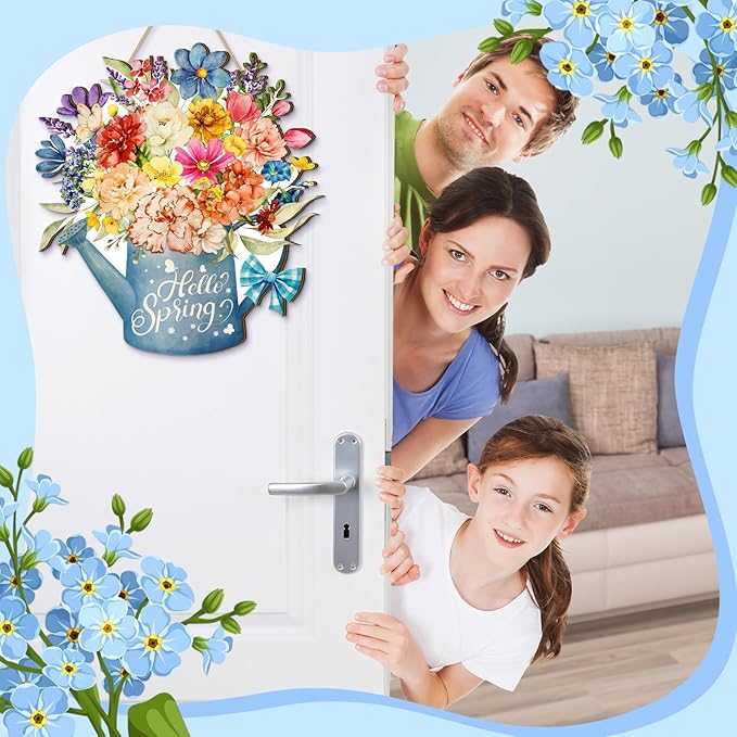 Juexica Hello Spring Door Sign, Flower Door Hanger Wreath, Wooden Hanging Decor, Rustic Welcome Sign for Front Porch, Wall, Pediments Decorations, Floral
