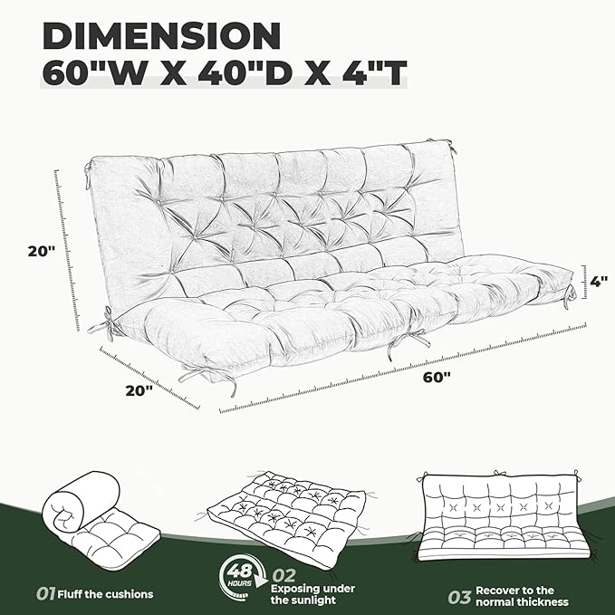 Porch Swing Cushions, Waterproof Swing Cushions Replacement with Backrest, Outdoor Swing Bench Cushions 2-3 Seater Replacement for Patio Furniture 60x40 (Green)