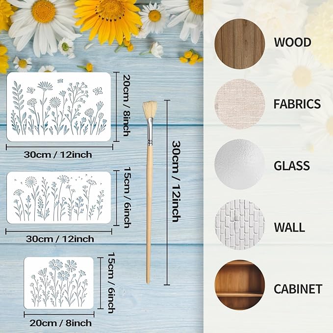16PCS Large Flower Stencils for Painting on Walls Wildflower Stencils with Brushes Floral Spray Paint Stencil Reusable Drawing Template for Walls Garden Fence Furniture Fabric Card