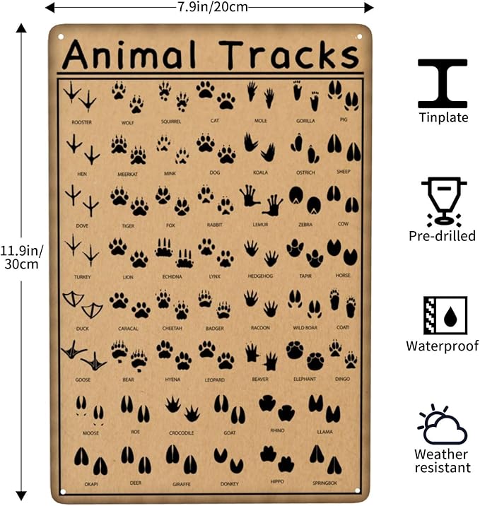 Animal Tracks Funny Hunting Vintage Metal Tin Sign Retro Rustproof Funny Art Wall Decor Gift for Cabin Animal Lovers 8x12 Inch