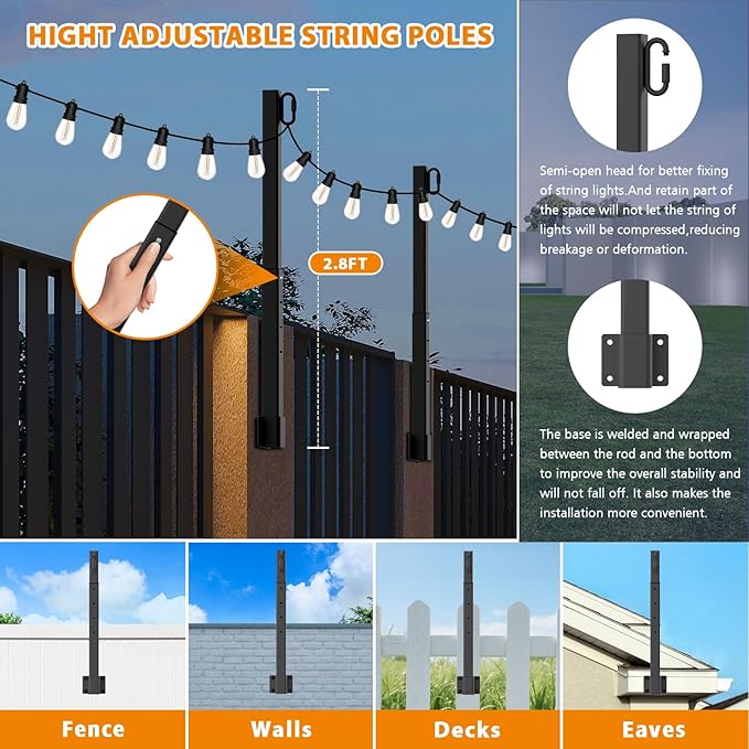 LETIANPAI 2.8Ft String Light Poles 8 Pack,Light Poles for Outside Lights,Outdoor with Fence Brackets Hanging Lights,Metal Stand Deck Patio Backyard