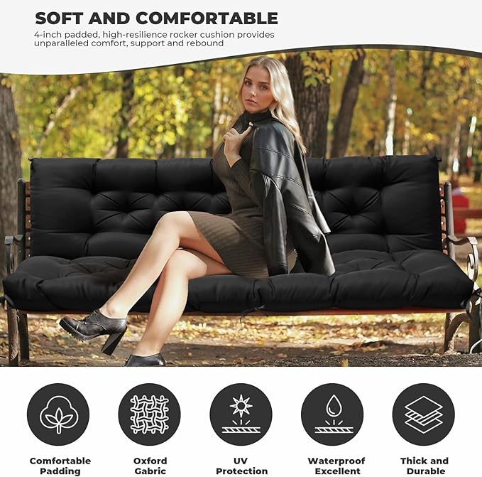 Porch Swing Cushions, Waterproof Swing Cushions Replacement with Backrest, Outdoor Swing Bench Cushions 2-3 Seater Replacement for Patio Furniture 60x40 (Black)