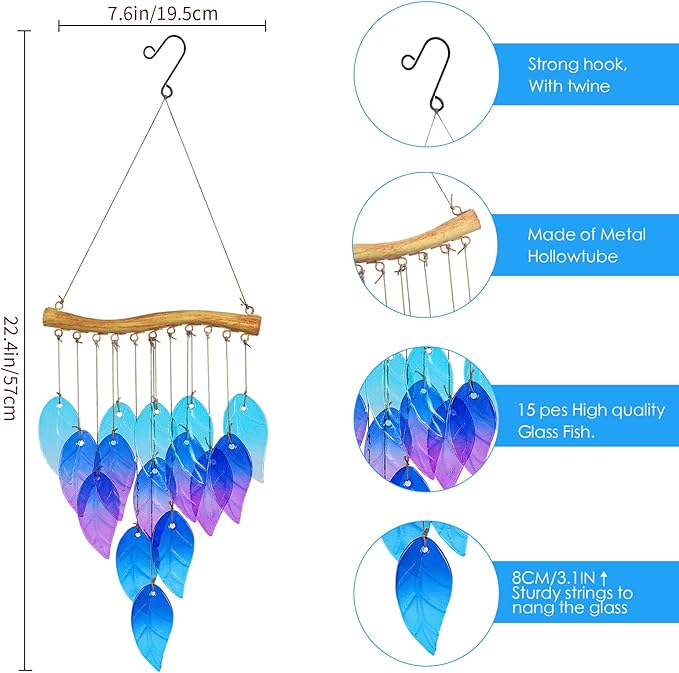 Glass Leaves Wind Chimes for Outdoor Memorial Decor - Unique Wind Chimes for Garden, Yard, Porch & Christmas, Durable Outside Christmas Decoration with Handcrafted Glass Design