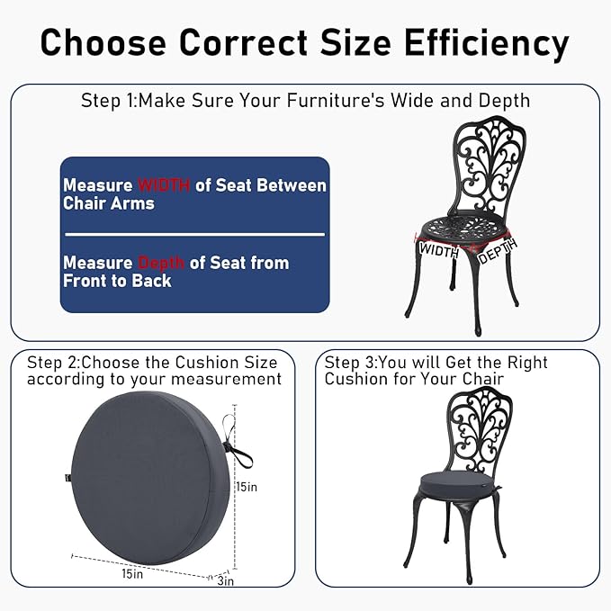 Topotdor Outdoor Bistro Chair Cushions Set of 2, 15"x15"x3" Waterproof Patio Chair Cushions for Outdoor Furniture, Round Outdoor Seat Cushions Color Fastness Chair Pads with Ties, Dark Gray
