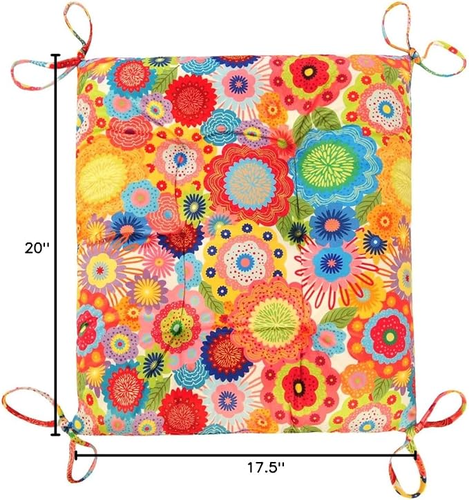 Outdoor Patio Cushion, Rocking Chair Cushion, Tufted Pads, Set of Upper and Lower with Ties Pack of 2 (2 Sets) - Back 20"×17", Seat 17"×17" (Multicolored Flowers)
