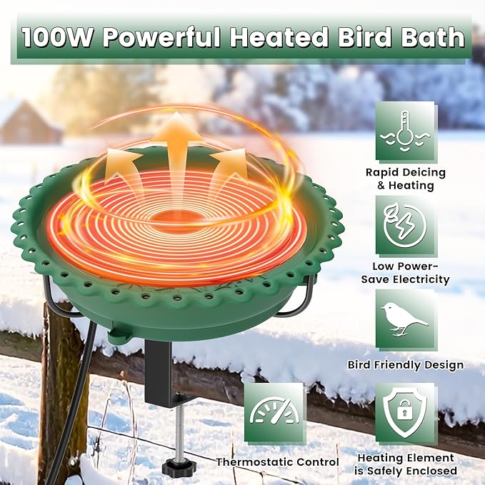 Heated Bird Bath for Outdoors, Upgraded 100W Thermostatically Controlled Heated Bird Baths for Deck Railing Large Capacity Heated Birdbath for Outside Winter Garden Yard Patio Lawn (Green)