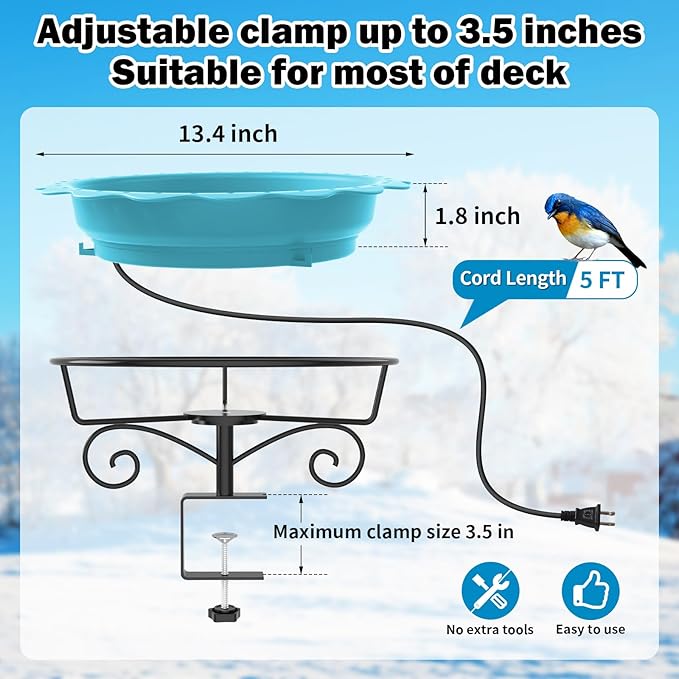 Heated Bird Bath for Deck Railing, Powerful 100W Thermostatically Controlled Heated Bird Baths for Outdoors for Winter, Heated Birdbath Water Heater for Outside Garden Yard Patio Lawn (Blue)