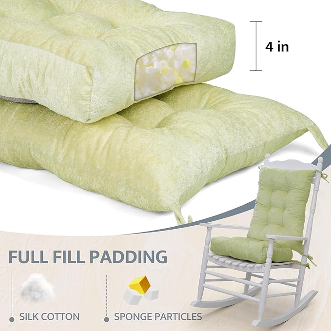 mudilun Rocking Chair Cushion Set - Non-Slip Tufted Rocking Chair Cushions with Ties Soft Indoor/Outdoor Wooden Rocking Chair Seat Pad for Porch Garden Cafe & Nursing