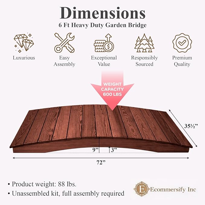 6 FT MAHOGANY Amish Made Pinewood Heavy Duty Garden Bridge for Walkway, Backyard Pond & Landscaping, Outdoor Wooden Footbridge for Koi Pond, Japanese Style Decorative Bridge, Made in USA