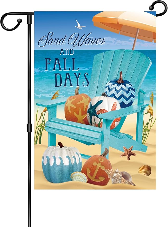 Sand Waves Fall Days White Pumpkin Beach Decorative Small Garden Flag Fall At The Beach Garden Flag Autumn Nautical Pumpkins,Blue Chair Beach Anchor Shell Crab Starfish Home Decorative Coastal House