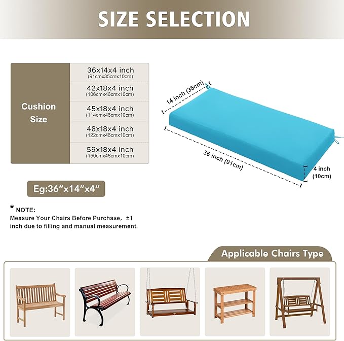 Outdoor Bench Cushion Waterproof 45"x18" – Fade-Resistant Patio Furniture Cushion with Ties for Porch Swing, Loveseat, or Indoor Bench Replacement, Teal