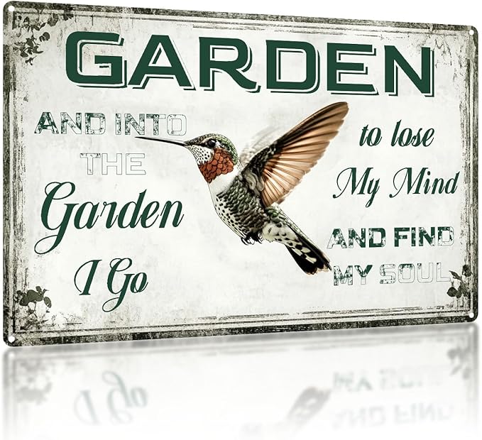 Vintage Garden Metal Tin Signs Hummingbirds and Into The Garden I Go Funny Tin Sign Rustic Indoor Outdoor Wall Decor for Home Yard Farmhouse Greenhouse Patio Porch Bar 8×12 Inch