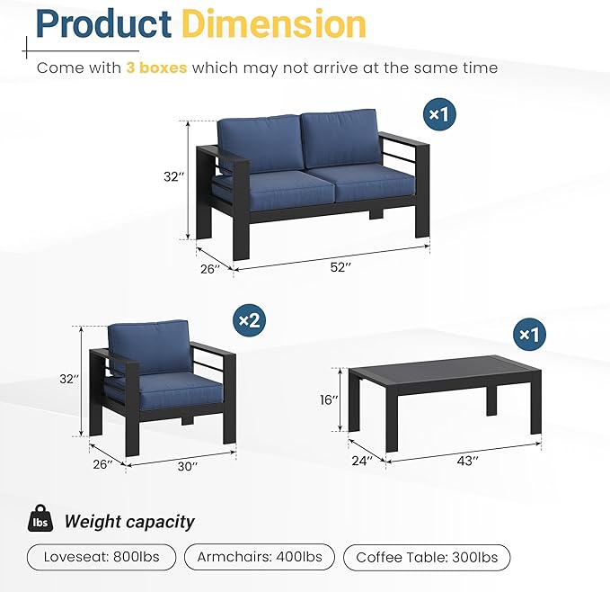 Wisteria Lane Aluminum Patio Furniture Set for All Weather, Oversized Metal Outdoor Furniture Set with 27.5" Deep Seat and 10" Back Cushion, Patio Conversation Sets with Wide armrest, Blue