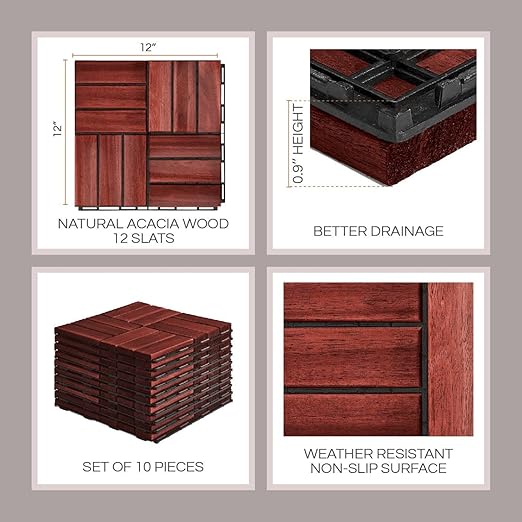 10 Pcs Deck Tiles, Patio Flooring - Outdoor Waterproof Acacia Wood Tiles for All Weather Use - Balcony, Backyard, Indoor & Outdoor (Natural Rosewood, 10 Square Ft)