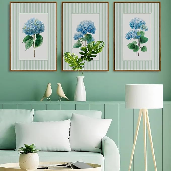 QTUSYUR Striped Blue Hydrangea Wall Art - Large Farmed Minimalist Art Print - Farmhouse Floral Canvas Artwork for Bedroom Living Room- Modern Elegant Flower Wall Pictures for Home Decor 16”×24”×3