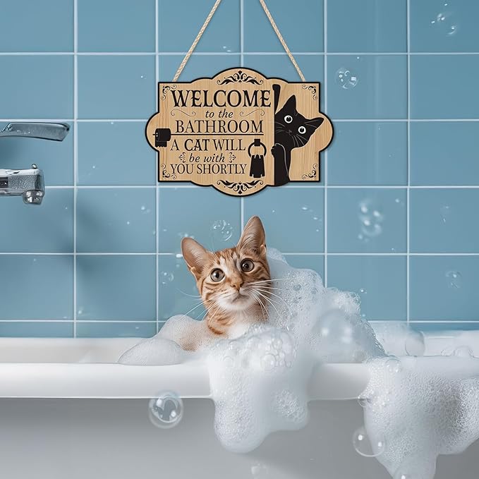 HLNIUC Funny Black Cat Door Sign(11”x8”) Welcome to the Bathroom A Cat Will Be With You Shortly Wall Decor,Bathroom Cats Hanging Plaque,Cats Welcome People Tolerated Sign for Pet Lover Front Door