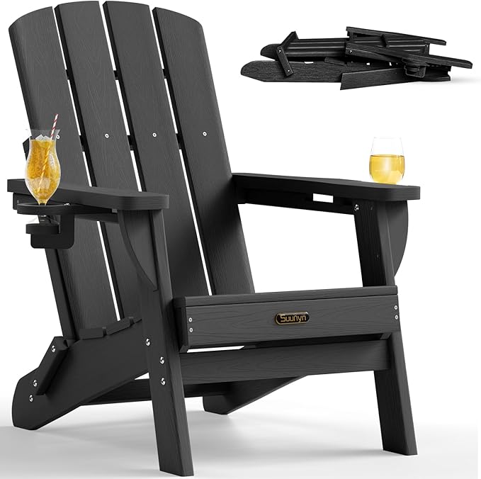Folding Adirondack Chair, HDPE All-Weather Fire Pit Chairs, Plastic Adirondack Chairs with 2 Cup Holder, Outdoor Lawn Chair for Patio Garden (Black)