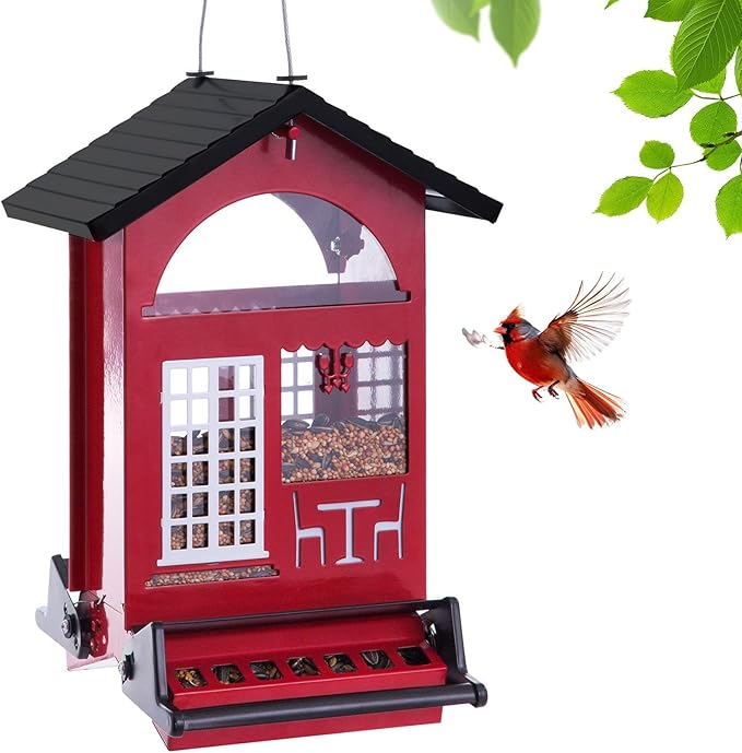 Squirrel Proof Bird Feeders All Metal Bird Seed House Feeder for Outdoors Hanging Weight Activated 5 LB Large Capactiy Easy to Fill & Clean for Outsides Wild Birds Durable & Attract, Red