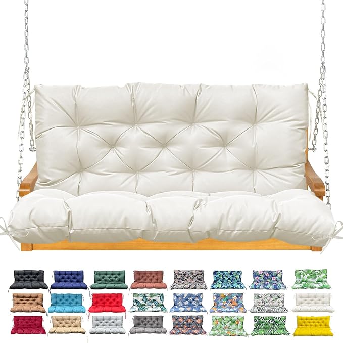 Porch Swing Cushion with Backrest, Waterproof Bench Cushion for Outdoor Furniture, 2-3 Seater Replacement Thickened Swing Cushion with Ties, Patio,Outdoor, Backyard and Garden (Cream,40x40in)