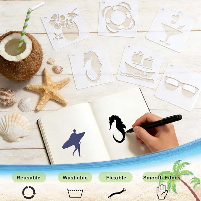 56 Pcs Summer Beach Stencils for Painting, Reusable 3x3in Hawaii Holiday Ocean Stencils for Painting on Wood Rock Wall Canvas Scrapbook, Small Stencil for DIY Art Crafts Home Decors Ornaments