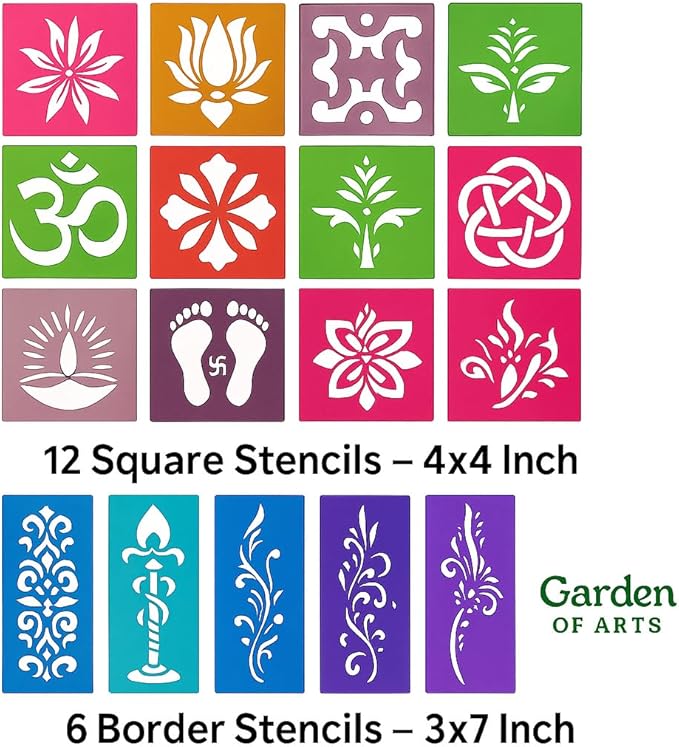 12 Different Design Draw Rangoli Making Kit Rangoli Stamp Om Swastik Flower Design Colourful Rangoli Making Stencils & 6 Border Stencils Total 18 Pieces