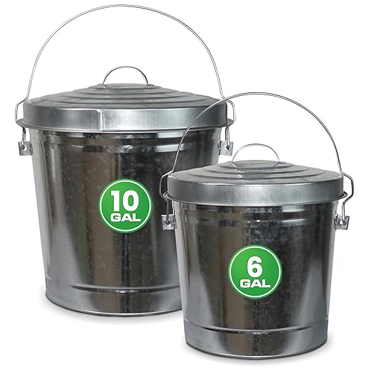 Plexon 6 Gallon Small Metal Trash Can with Locking Lid and 10 Gallon Trash Can with Locking Lid Outdoor Galvanized Garbage Bins for Poultry Feed Bird Seed Storage Ash Garbage Trash Bin, Bundle