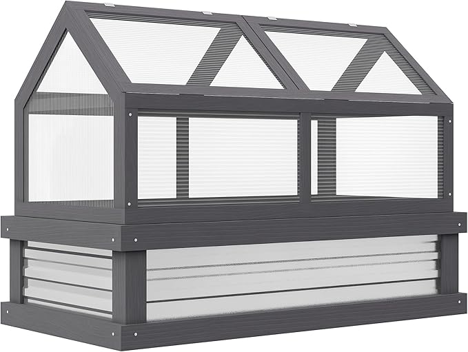Outsunny Raised Garden Bed with Polycarbonate Greenhouse, Wooden Garden Cold Frame Greenhouse, Flower Planter Protection, 48" x 24" x 32", Gray