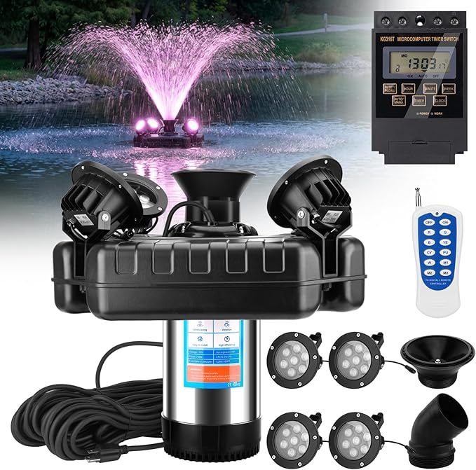 Upgraded Pond Fountain Aerator with 4 Color-Changing Mood Lights, 1HP 750W 110V 15000 GPH, Stainless Steel Body, 100ft Cord & Timer for Ponds & Lakes