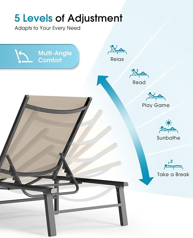 Ciokea Foldable Outdoor Lounge Chair Set of 4, No Assembly Aluminum Chaise Lounge Outdoor with 5-Positions, Aluminum Pool Lounge Chairs with Portable Design for Poolside, Beach, Deck, Patio, Khaki