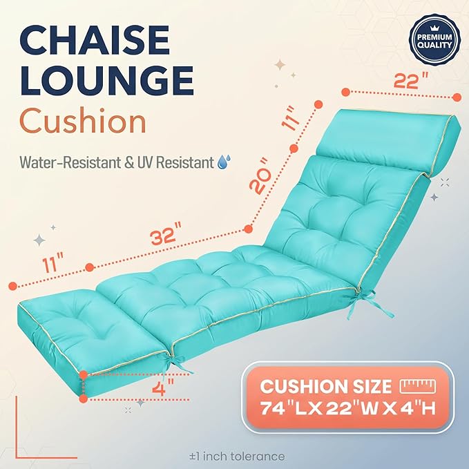 MAGIC ELEPHANT Chaise Lounge Cushion Outdoor, Memory Foam Patio Lounge Chair Cushion with Ties for Indoor Outdoor Furniture, Water-Repellent Replacement Long Chair Cushion (Teal)