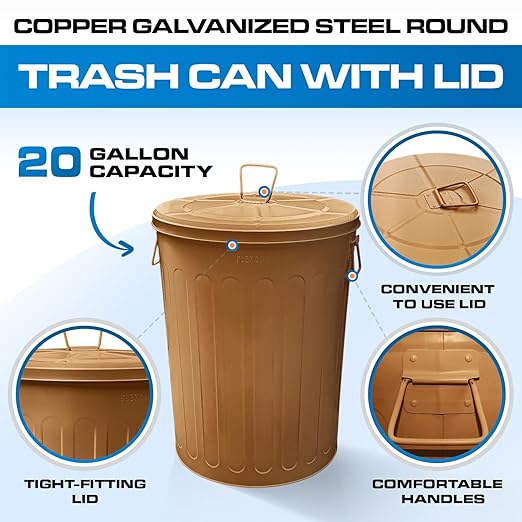 Plexon Large Metal Trash Can with Lid 20 Gallon, Decorative Outdoor Trash Can Heavy Duty Galvanized Metal Bucket with Lid for Garage Workshop Ash Storage Farmhouse, Copper
