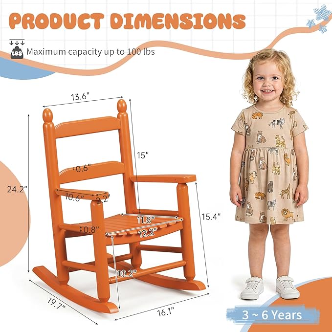 Outvita Kids Rocking Chair, Ergonomic Sturdy Toddler Rocking Chair with High Backrest & Rounded Armrests, Safe Solid Wood Baby Rocker Chair for Age 3-6, Outdoor, Living Room, Reading Room(Orange)