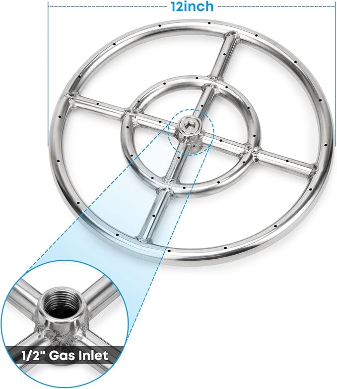 Stanbroil 12 Inch Round Fire Pit Burner Ring for Natural Gas & Propane Fire Pit Fireplace - 304 Stainless Steel Burner for Indoor & Outdoor, BTU 92,000 Max