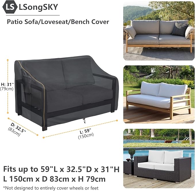 Outdoor 2-Seater Loveseat Cover,Patio Sofa Covers Fits up to 58W x 32.5D x 31H Inches,100% Waterproof Heavy Duty Patio Furniture Covers,Black