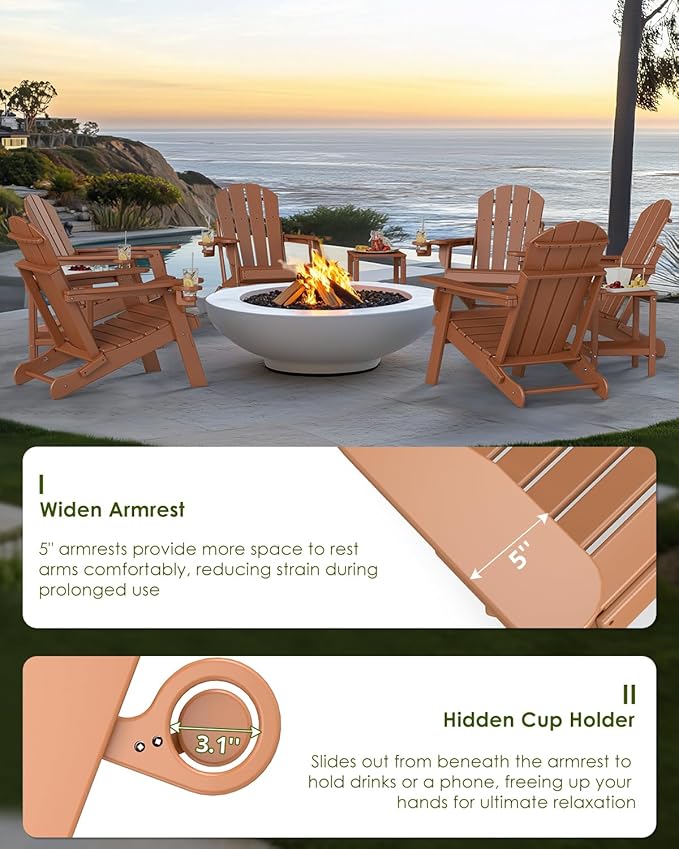 GREENVINES Folding-Adirondack-Chairs-Set-of-4 | HDPE Plastic | Fire Pit Chair | All Weather | Cup Holder | Teak | for Deck Backyard Patio Outdoor Garden
