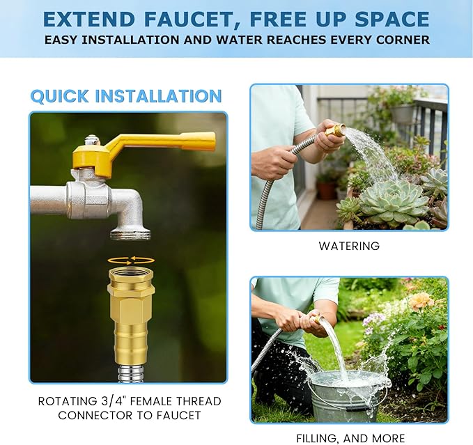 Short Stainless Steel Metal Garden Hose 10 ft, 3/4" Female to Male Solid Brass Connector, Small Leader Hose for Hose Reel, Durable, Flexible, Lightweight, Outdoor Water Hose Extension Adapter
