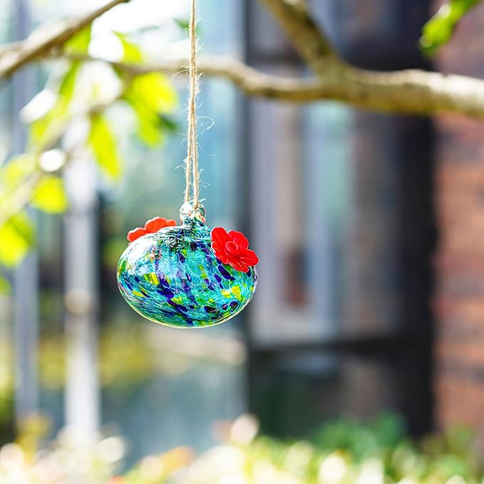 3.3OZ Glass Hummingbird Feeder with 2 Feeding Ports 3inch Blown Glass Hummingbird Feeder for Outdoors Hanging Garden Patio Decoration Uniques Gifts for Women
