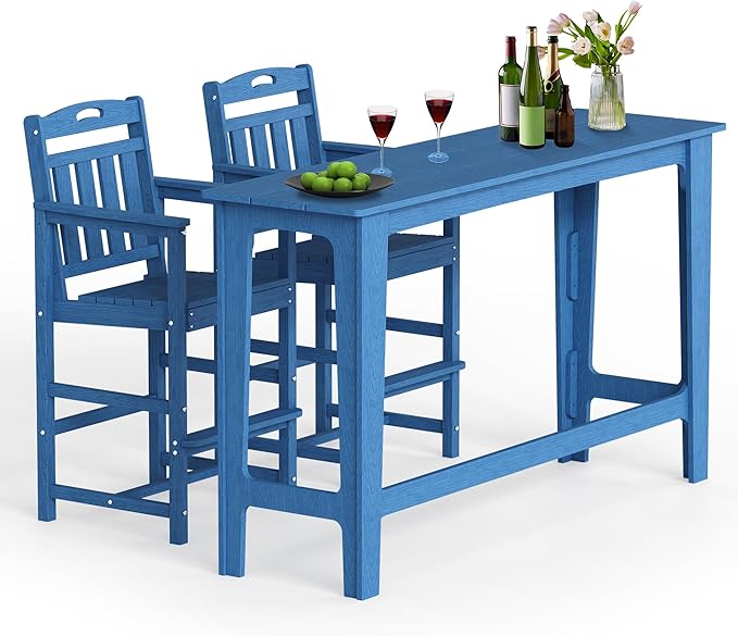 Ciokea 3 Pcs Outdoor Bar Height Table Set, 60" Extra Long Rectangle High Top Table and 2 Oversized Adirondack Chairs, Heavy-Duty All-Weather HDPE Patio Bar Set for Backyard Balcony Deck, Navy Blue