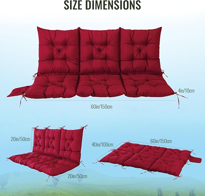 NACATIN 3 Seat Cushion for Outdoor Swing - 60x40 inches, 4" Thick Porch Swing Cushions with Ties and Storage Bag, Waterproof Bench Cushions for Patio, Outdoor, Backyard and Garden (Wine Red)