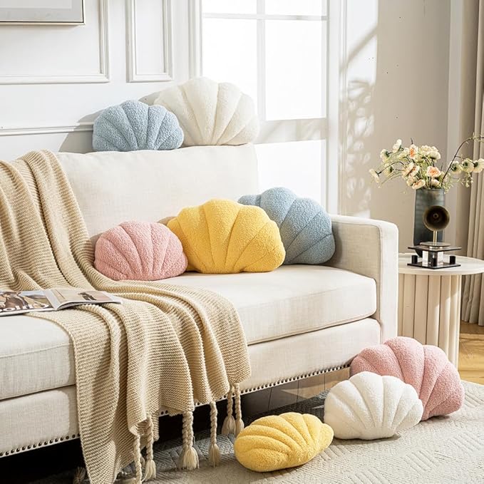 Seashell Throw Pillows Shell Shaped Pillow Blue Sea Shell Pillows for Bed Seashell Decorative Pillow Soft Plush Pillow Sea Couch Decoration(13 X 10 inch)